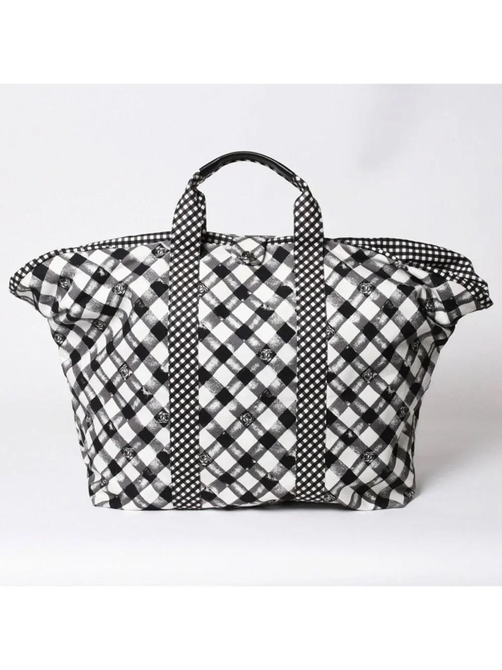 Chanel Cruise Line Gingham Check Tote Boston Bag White Black CC Logo Silver